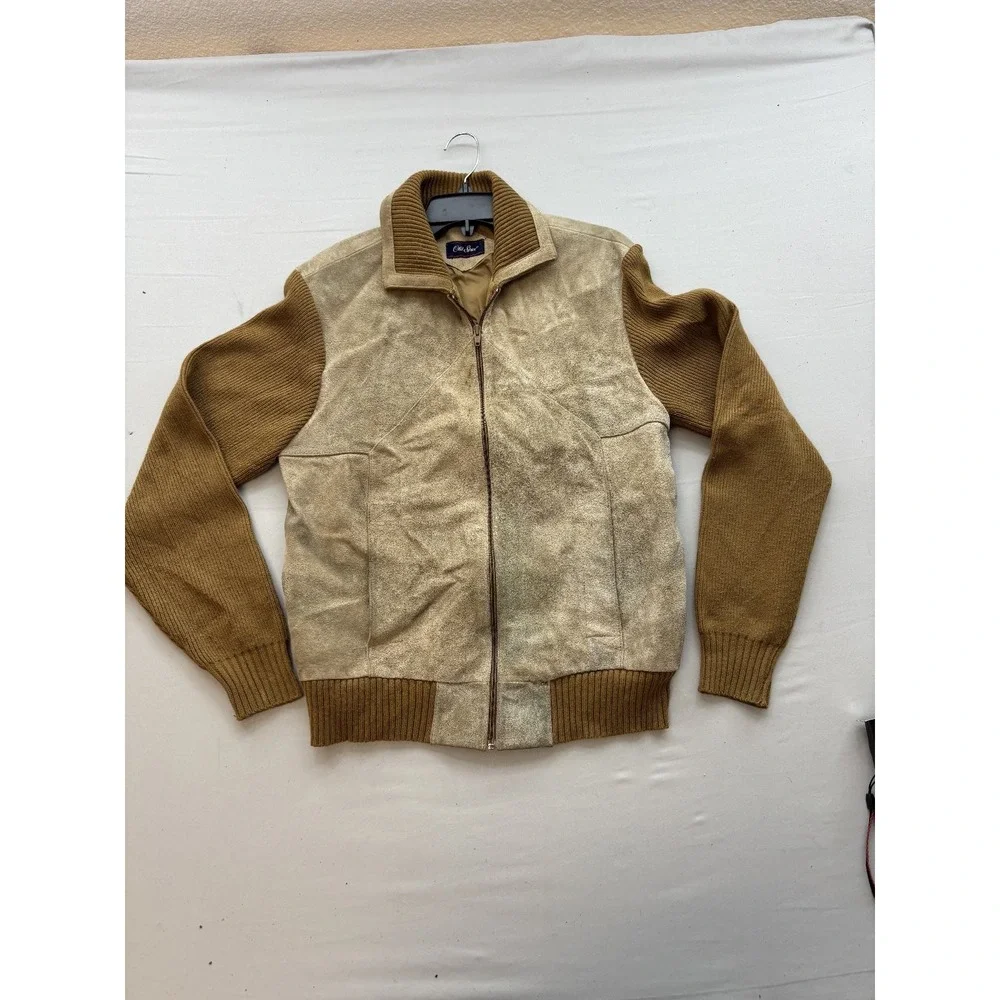 Vintage Old Spice Mens Beige Suede Leather Brown Knit Bomber Jacket Size L